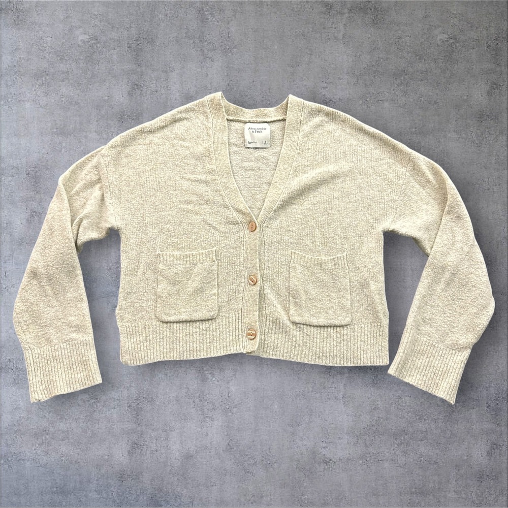 Abercrombie & Fitch Cardigan Womens Small Oatmeal V-Neck Pockets Cropped Sweater